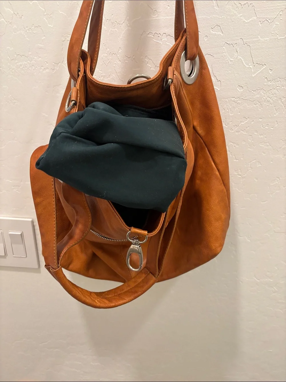Italian Tan Leather Hobo Bag with Dark Green Lining